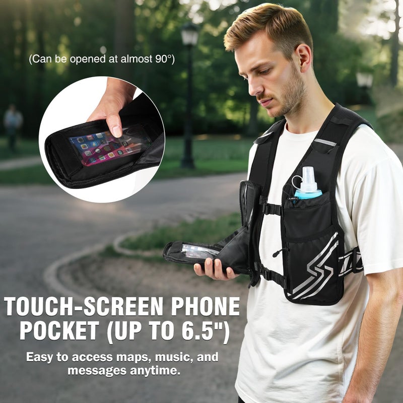 PLUSINNO Running Vest for Women Men, Running Hydration Vest with 500ml Soft Flask & Touch-Screen Phone Pocket, Reflective Lightweight Hydration Backpack for Hiking with Adjustable Chest Waist Straps - Image 4